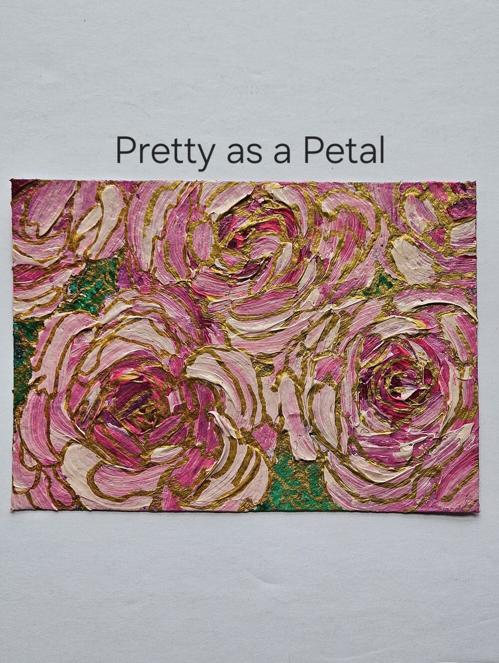 Pretty as a Petal 5" x 7" abstract acrylic floral painting pink gold outline